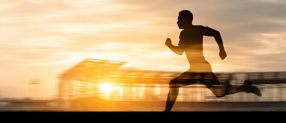 Silhouette running soccer player with motion trail sunset background outdoor stadium energetic speed determination fitness male athlete dynamic movement sports action