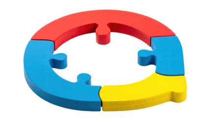 Colorful puzzle pieces forming a circular shape with interlocking segments