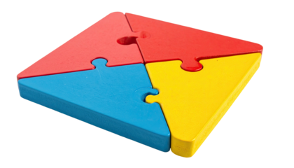 Four colorful puzzle pieces form a square shape on a black background