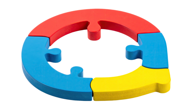 Colorful puzzle pieces forming a circular shape with interlocking segments