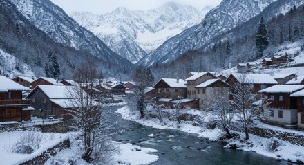 Fototapeta premium Snow-covered village nestled in a valley beneath towering, snow-capped mountains, winter scenery