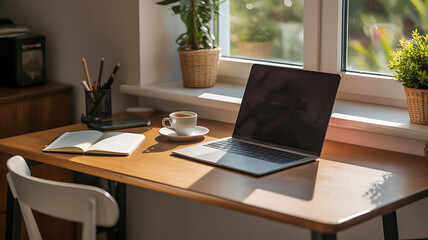 Cozy home office workspace with laptop coffee and plants by bright sunny window desk setup for remote work vector