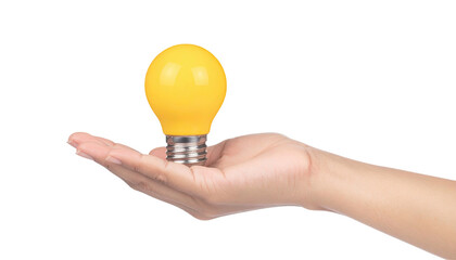 Hand holding a yellow lightbulb, representing idea and innovation