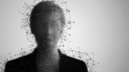 A man's face surrounded by an intricate network of connected lines representing complex identity and relationships