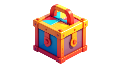 Vibrant 3D Cartoon Treasure Chest Icon - Stylized Mystery Box with Handle for Games, Rewards, Gifts, and Mobile App UI/UX Design on Black Background