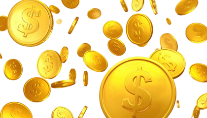 Golden coins with dollar symbols are falling on a black background