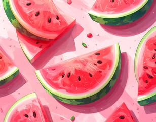 Illustration of sliced watermelons scattered on pink background