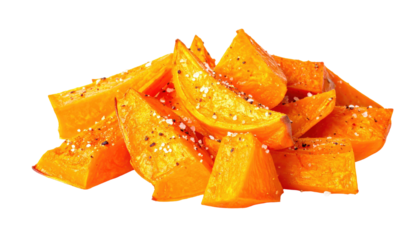 Golden roasted, seasoned squash chunks, arranged in a slightly overlapping pile, black background