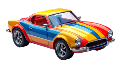 Vibrant Retro Sports Car Illustration with Colorful Stripes on Black Background - Playful Classic Vehicle Design