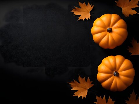 Two vibrant orange pumpkins with scattered dried maple leaves  ically arranged on a minimalist dark background for seasonal themes