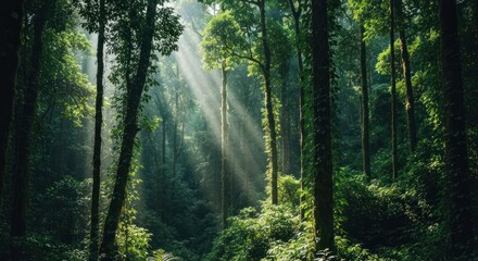 Obraz premium Sunlight streams through a dense, green forest canopy, illuminating tall trees and undergrowth