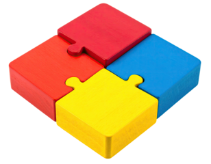 Four colorful wooden puzzle pieces, arranged in a diamond shape, joined together