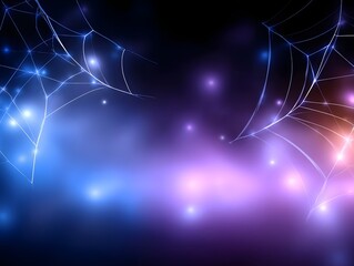 Ethereal spiderwebs adorned with glowing blue and purple lights against a dark misty background