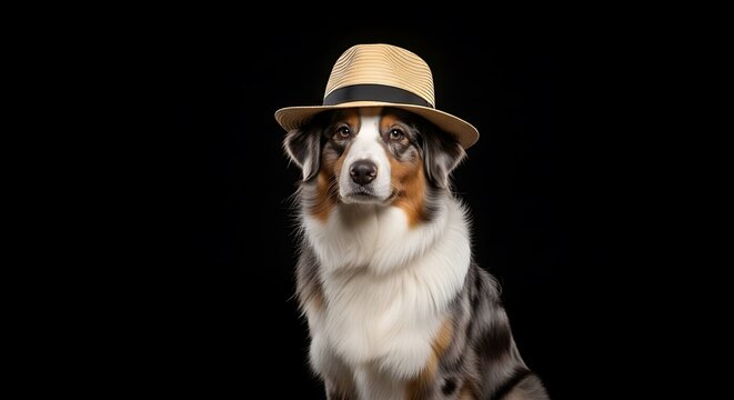 Australian Shepherd Dog with Hat on Black Background. - Powered by Adobe
