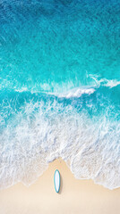 Fototapeta premium Aerial beach surfboard turquoise wave sand summer ocean coastline relaxation create tranquil scene with lone surfboard on sandy shore vibrant blue water and foamy waves