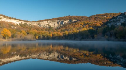 Serene autumn landscape featuring calm reflective lake waters, vibrant fall forest colors, and rugged limestone cliffs illuminated by soft morning light