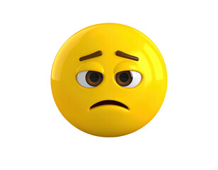 Fototapeta premium Shiny yellow emoticon, eyes downcast, depicting sadness, on a solid black background