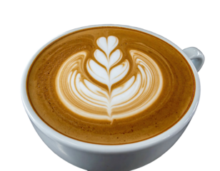 A cup of coffee with intricate latte art; floral design on a dark background