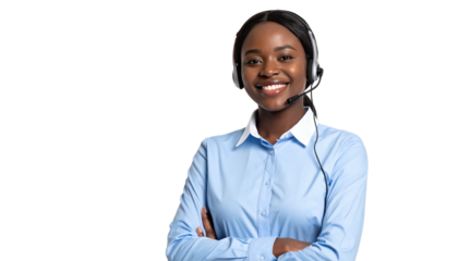 Smiling woman with a headset and arms crossed, appears to be in customer service