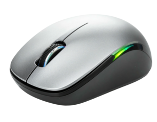 Sleek, metallic-grey wireless device with a scroll wheel & illuminated accents