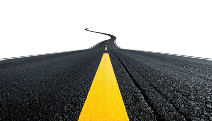 A curvy asphalt road with a yellow line disappearing into the distant dark horizon