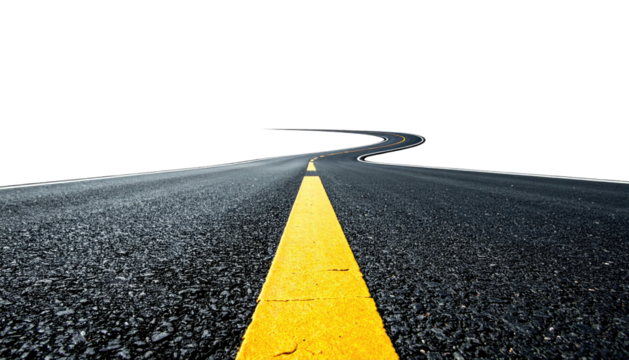 Low-angle shot of asphalt road curving into distance against a solid black background - Powered by Adobe