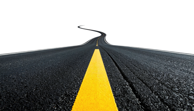 A curvy asphalt road with a yellow line disappearing into the distant dark horizon