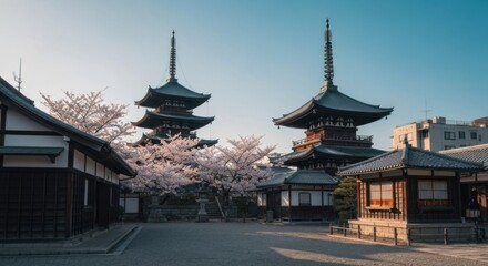 Obraz premium Two Japanese pagodas stand amid cherry blossoms and traditional buildings under a clear sky
