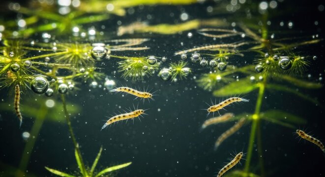 Underwater macro shot of mosquito larvae and aquatic plants, with bubbles in the water