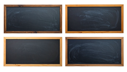 Four empty, rectangular blackboards in wooden frames, slightly dusty, from above
