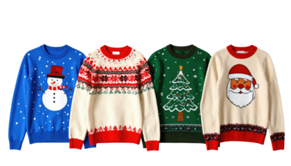 Four colorful holiday sweaters showcasing various Christmas themed designs