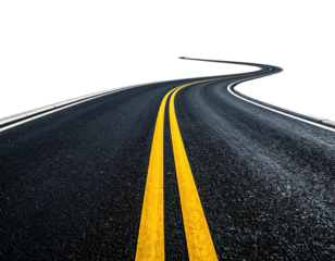 Winding asphalt road with double yellow lines, disappearing into a dark abyss