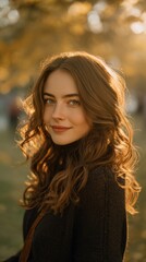Fototapeta premium A dark brown-haired girl with wavy hair standing in a park.