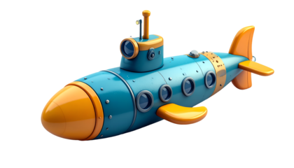 Whimsical Blue & Orange Cartoon Submarine Isolated on Black - 3D Render for Kids, Adventure & Underwater Exploration