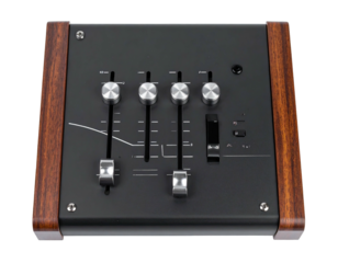 A sleek audio mixing device with wood panels, sliders, and metallic dials