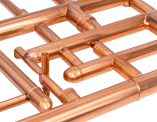 Interlocking copper pipes, elbows, and connectors form a complex geometric pattern