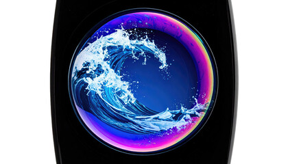 A stylized wave crests within a colorful circular bubble on a black, sleek device