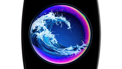 A stylized wave crests within a colorful circular bubble on a black, sleek device