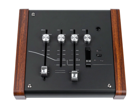 A sleek audio mixing device with wood panels, sliders, and metallic dials