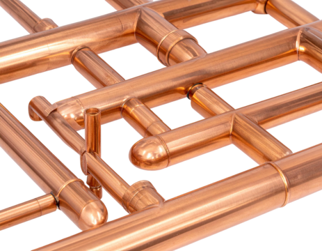 Interlocking copper pipes, elbows, and connectors form a complex geometric pattern - Powered by Adobe