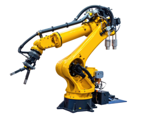 A bright yellow industrial robot arm with multiple joints, poised, isolated on black