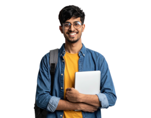 Young man smiling, with backpack and laptop against a black background