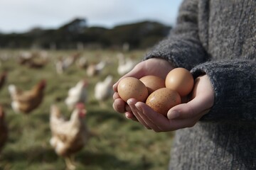 Closeup of a person holding a handful of fresh, brown eggs, showcasing the natural texture and color, with a blurred background of freerange chickens in a field