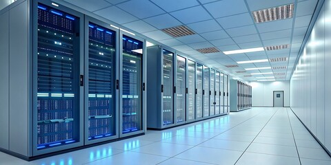 Data center with server racks and blue lights blinking
