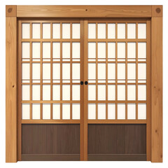 Wooden sliding doors with grid pattern and lower solid panel, set in a wood frame