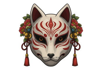 Ornate Kitsune Mask with Floral Adornments and Tassels.