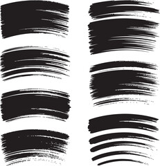 Set of six textured black brush stroke paint splatter effects for graphic design