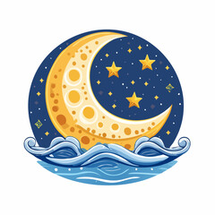 Moonlit Sea Crescent Moon, Stars, and Gentle Waves Illustration