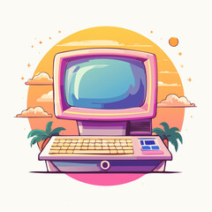 Retro Computer Landscape A Vintage Tech Scene with Palm Trees and Sunset Vibes