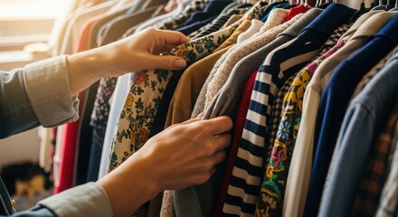 Woman Browsing Rack of Stylish Second Hand Clothes, Sustainable Fashion Choices and Clothing Selection